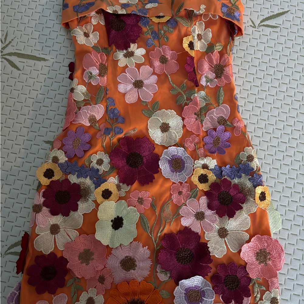 Floral Embroidered Mini Dress - Orange